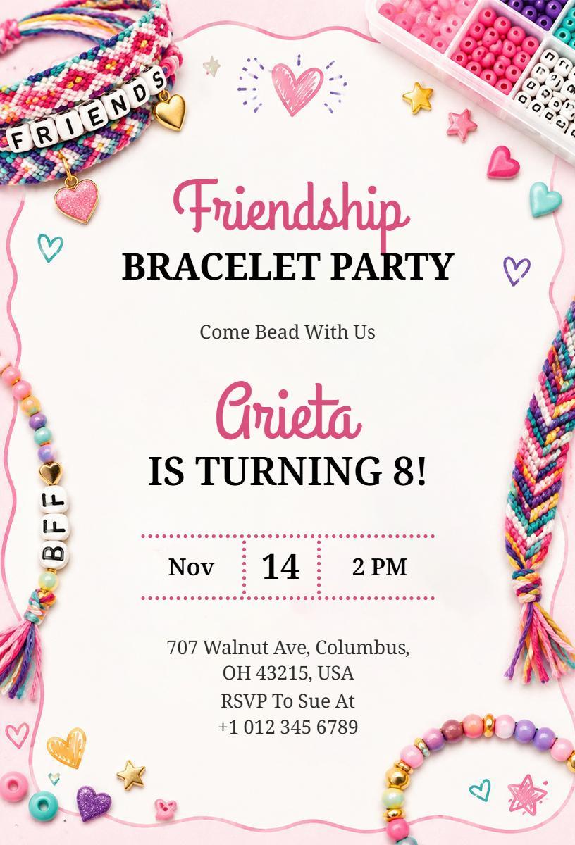 Charming Friendship Bracelet Party Birthday Invitation Template