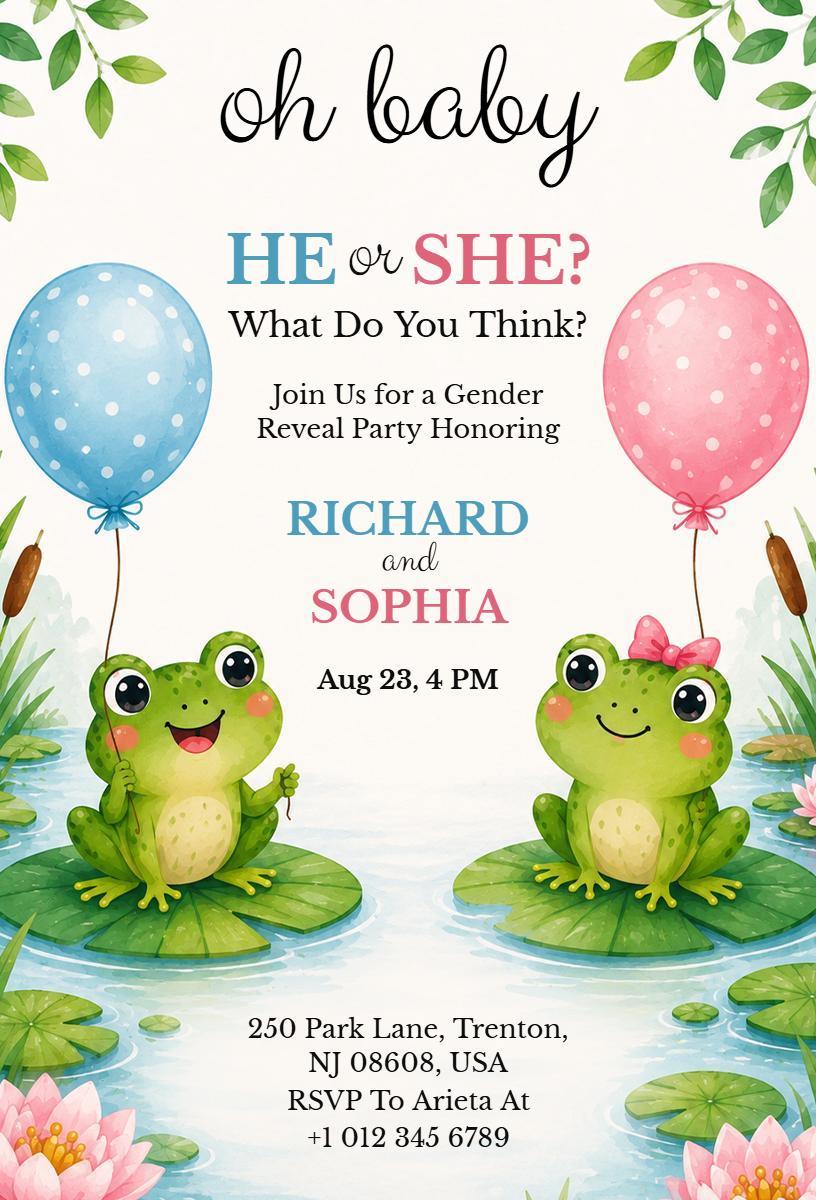 Charming Frog Theme Gender Reveal Party Invitation Template