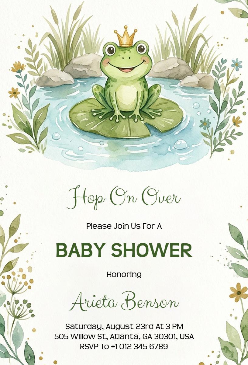 Charming Frog Theme Nature Baby Shower Invitation Template