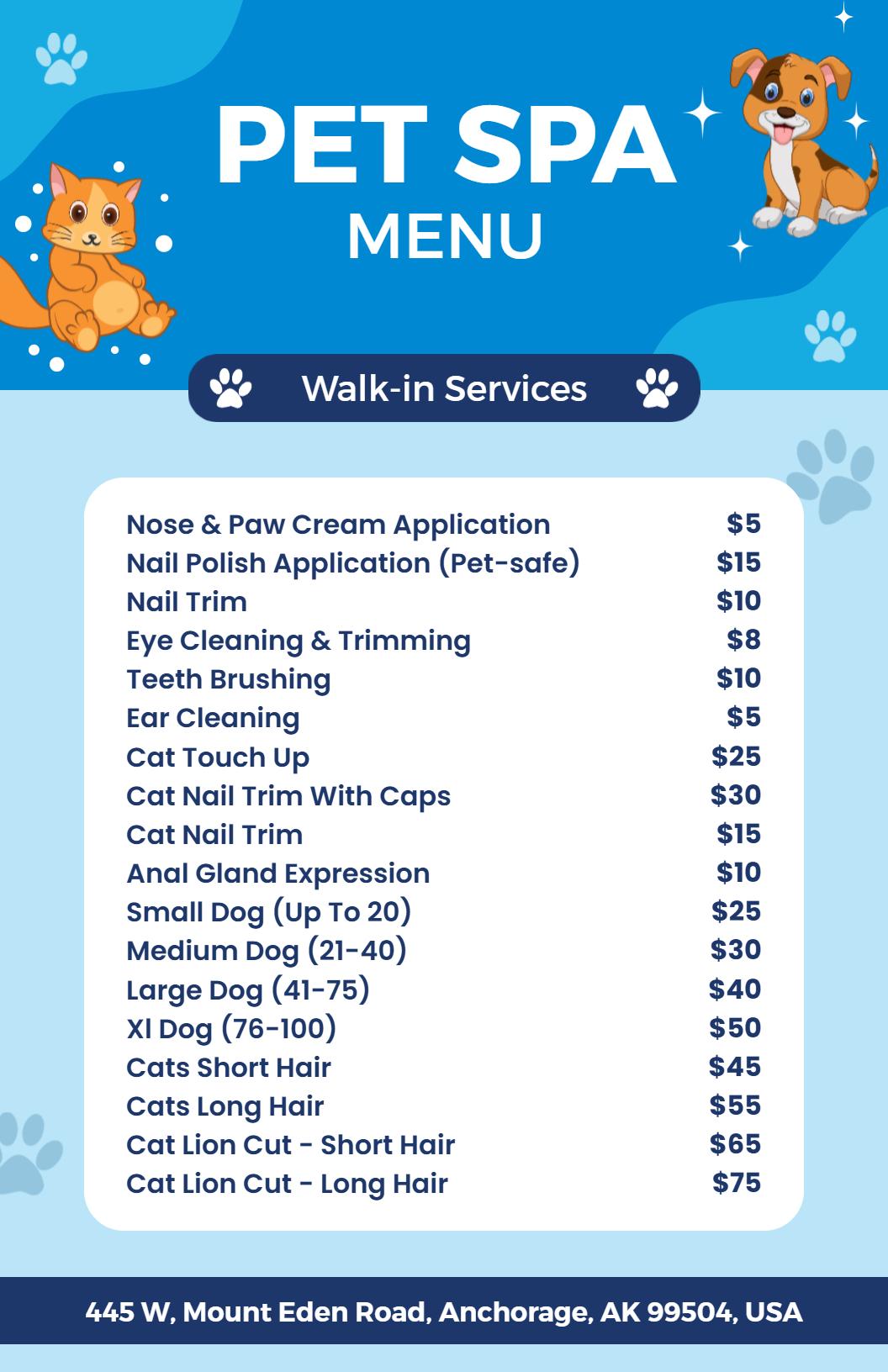 Charming Furry Friends Blue Pet Salon Menu Template