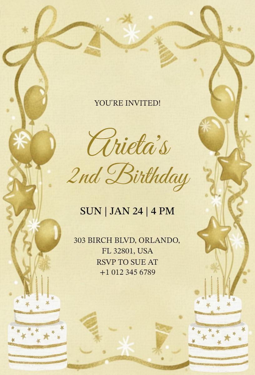 Charming Gold Star Celebration 2nd Birthday Invitation Template