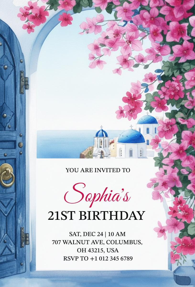 Charming Greek Island Floral 21st Birthday Invitation Template