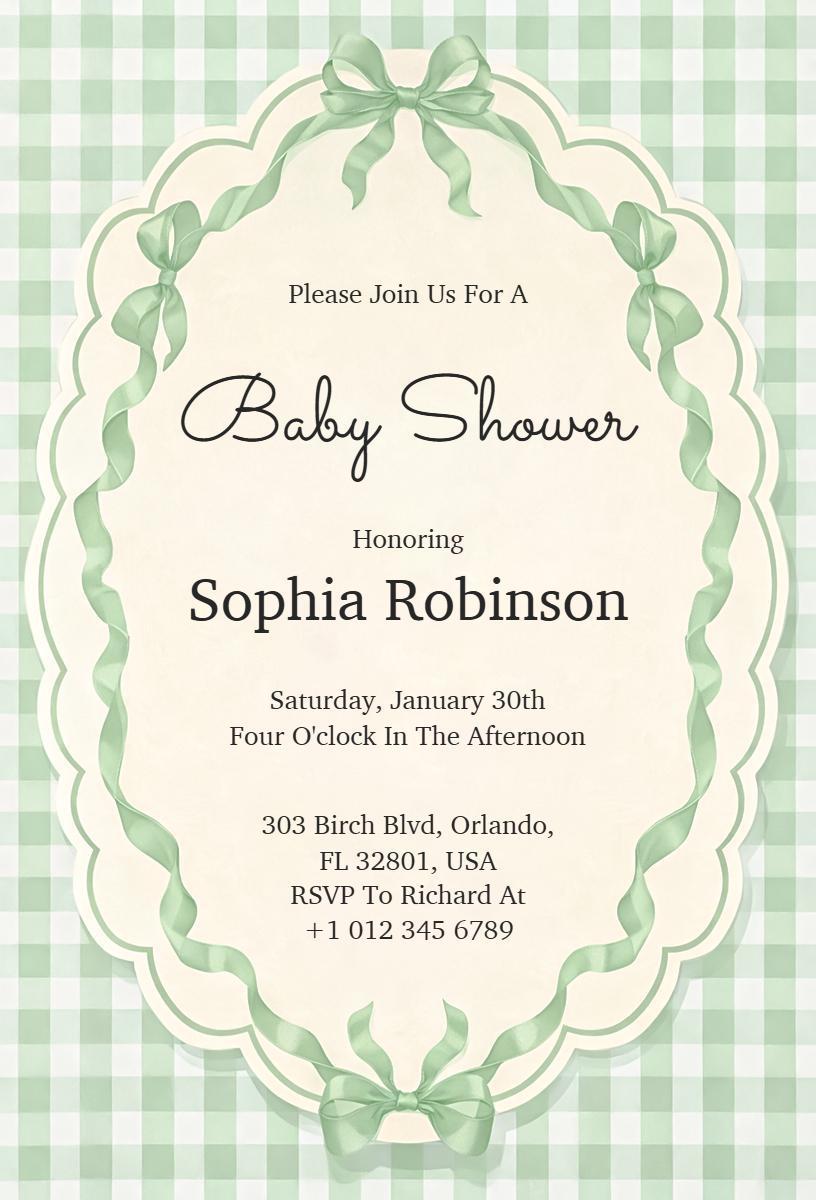 Charming Green Bows Ribbons Baby Shower Invitation Template