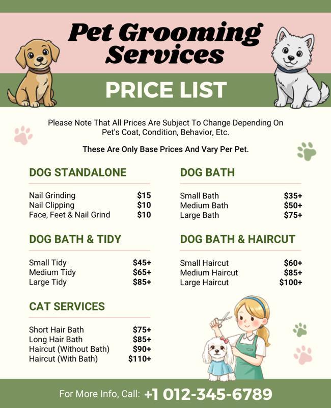 Charming Green Pet Grooming Services Pricing Flyer Template