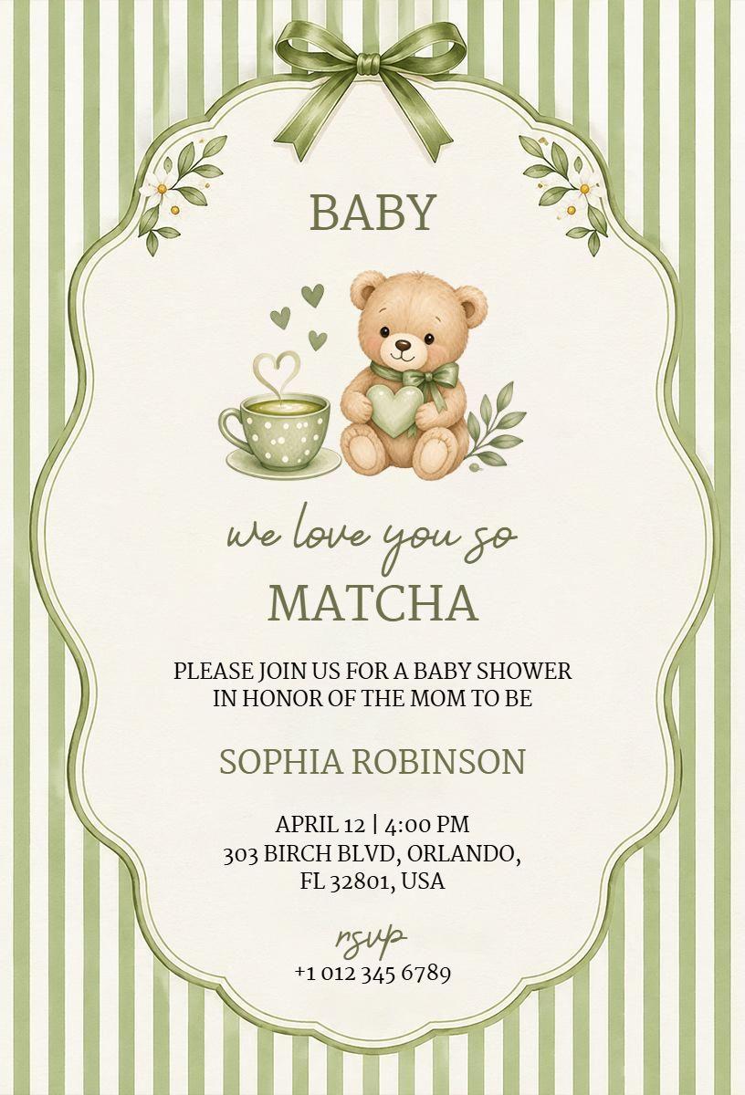Charming Green Teddy Bear Baby Shower Celebration Invitation Template