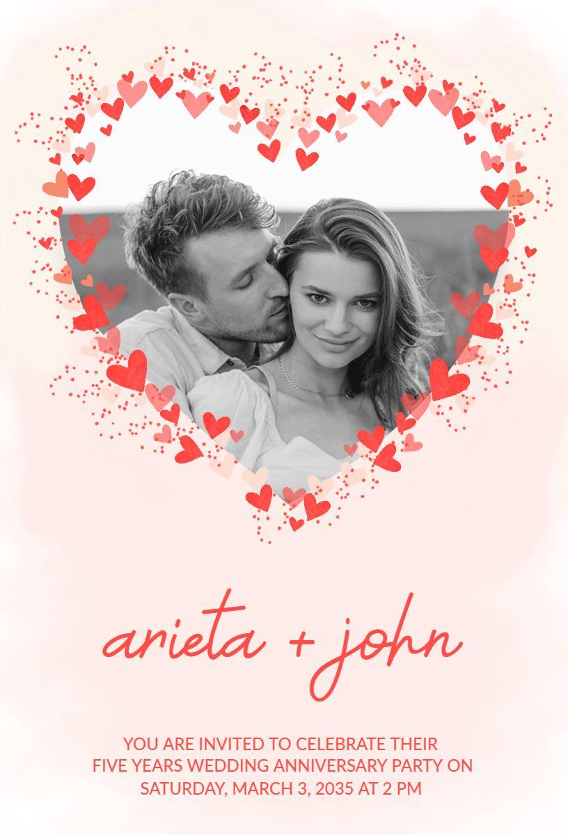 Charming Heartfelt Five Year Wedding Anniversary Invitation Template