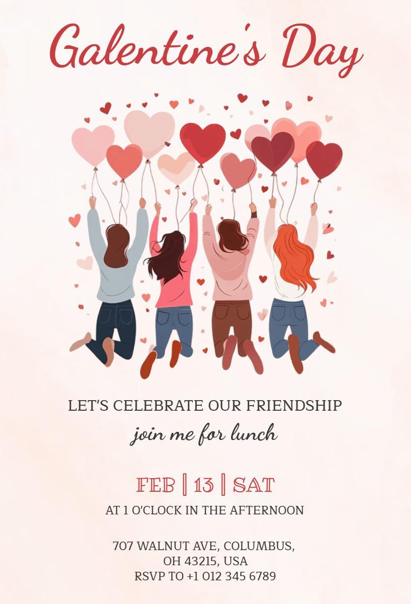 Charming Heartfelt Galentine's Day Friendship Celebration Invitation Template