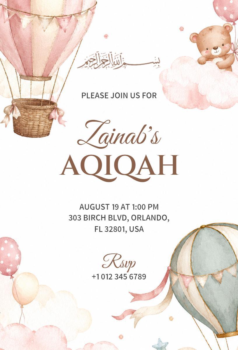 Charming Hot Air Balloon Themed Aqiqah Ceremony Invitation Template