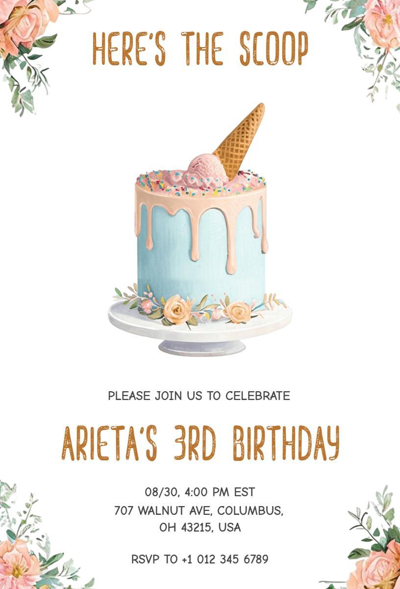 Charming Ice Cream Cake 3rd Birthday Celebration Invitation Template