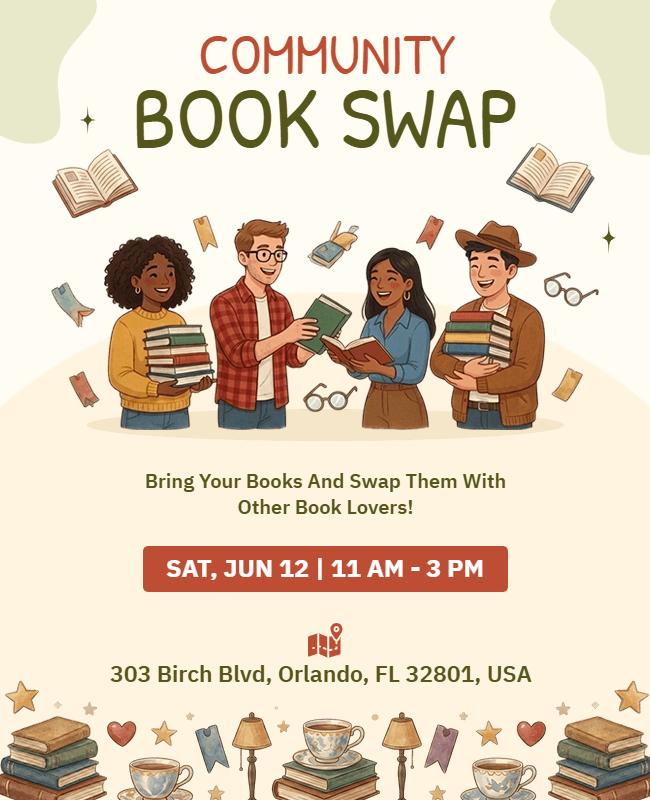 Charming Illustrated Community Book Exchange Event Poster Template