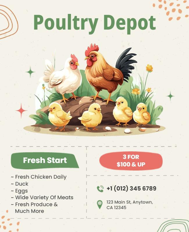 Charming Illustrated Farm Animals Fresh Poultry Depot Poster Template