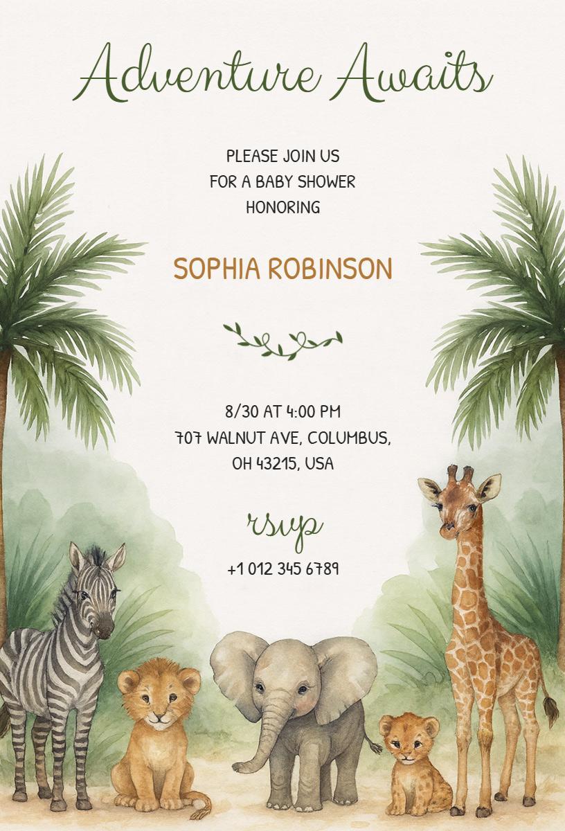Charming Jungle Safari Adventure Baby Shower Invitation Template