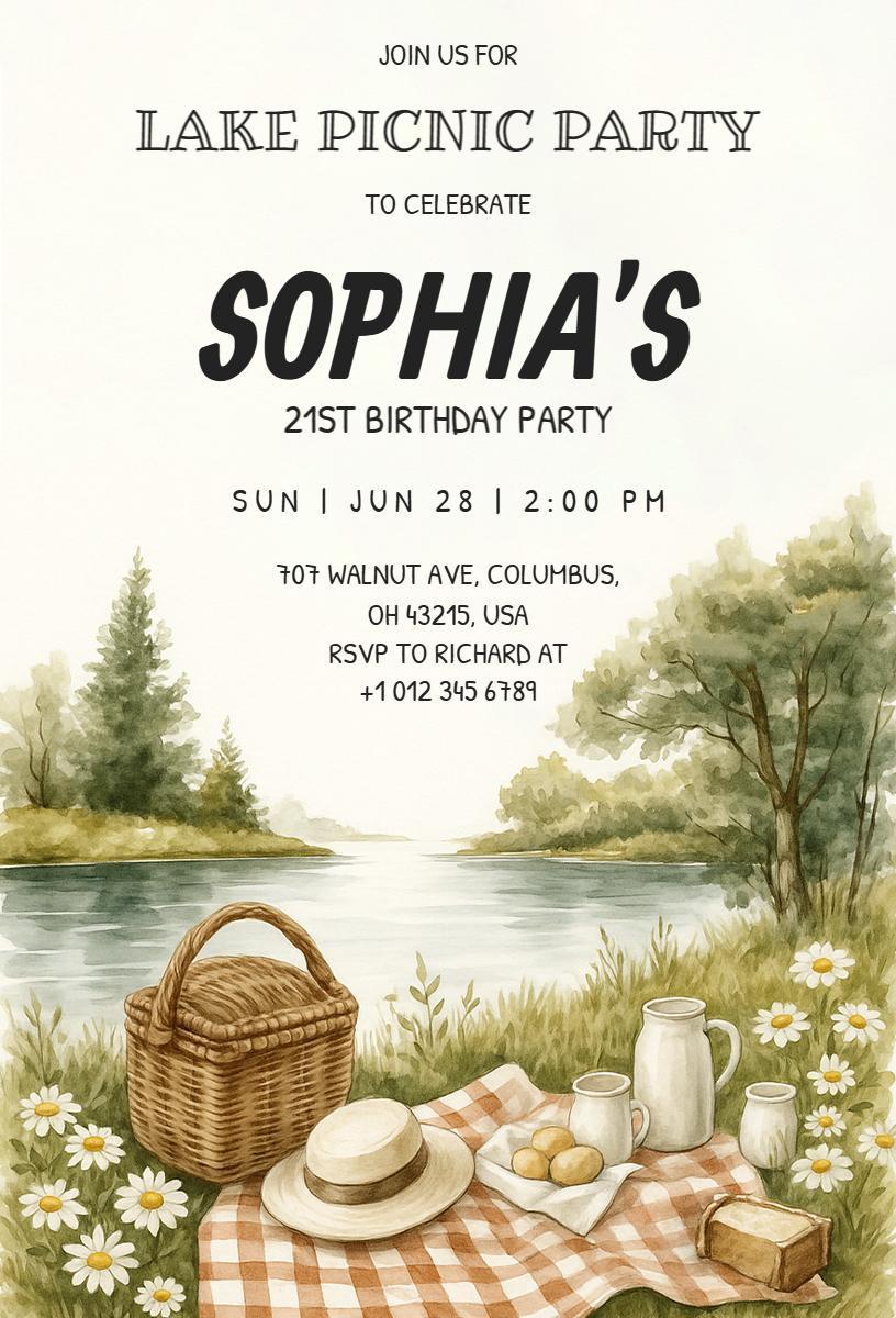 Charming Lake Picnic Birthday Celebration Invitation Template