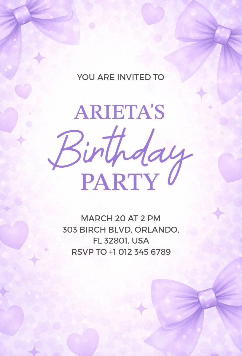 Charming Lavender Bow Birthday Party Invitation Template