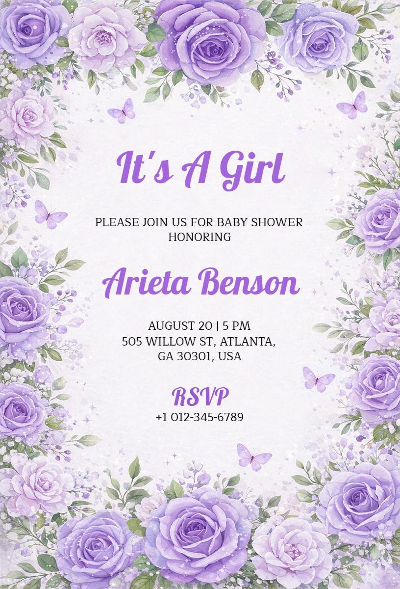 Charming Lavender Floral Baby Shower Celebration Invitation Template
