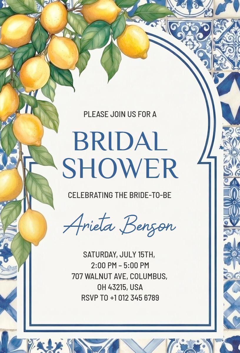 Charming Lemon Motif Elegant Bridal Shower Invitation Template