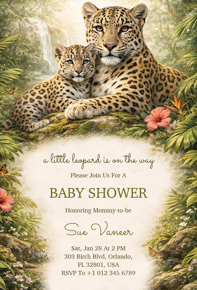 Charming Leopard Jungle Safari Baby Shower Invitation Template