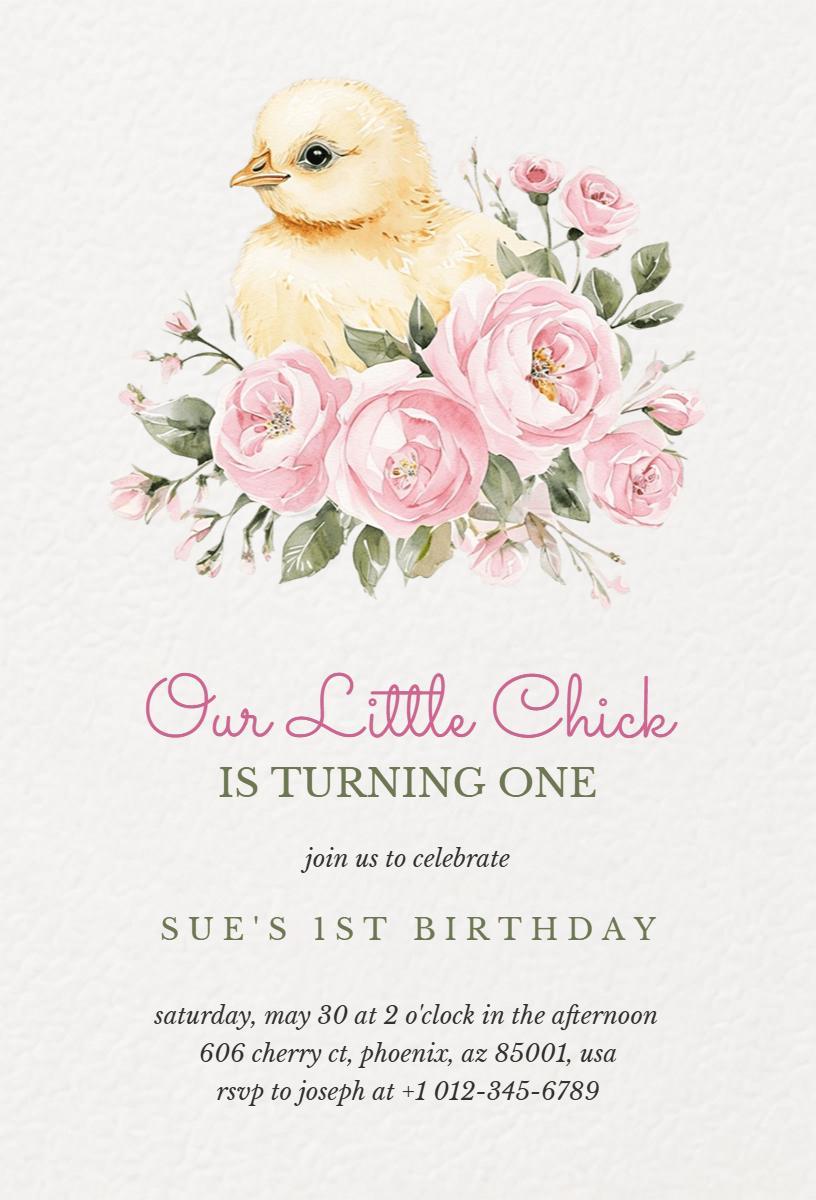 Charming Little Chick Floral 1st Birthday Invitation Template