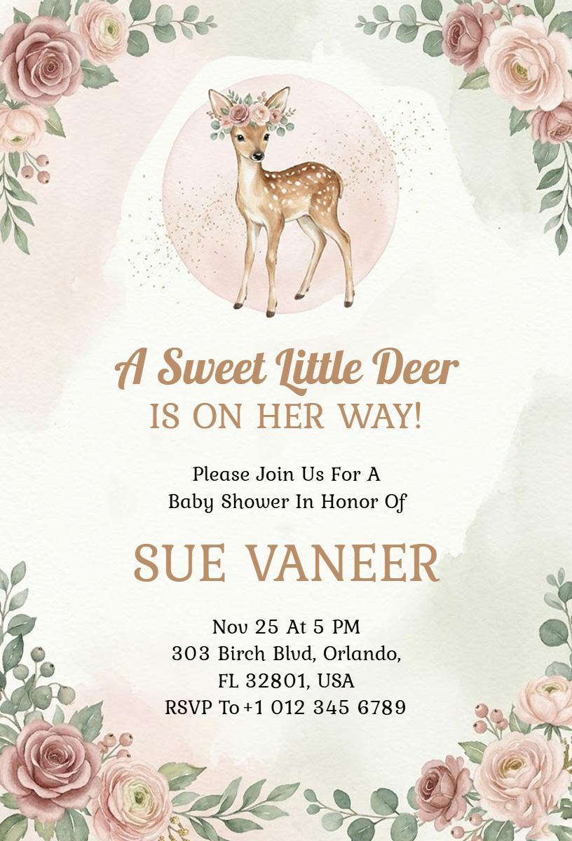 Charming Little Deer Floral Baby Shower Invitation Template