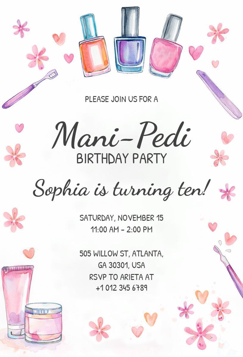 Charming Mani-Pedi Spa Themed 10th Birthday Invitation Template