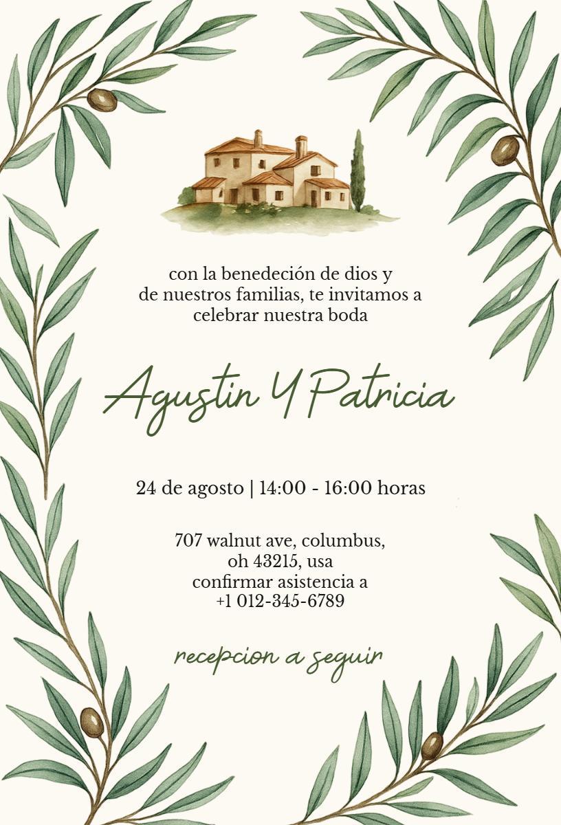 Charming Olive Branch Spanish Wedding Ceremony Invitation Template