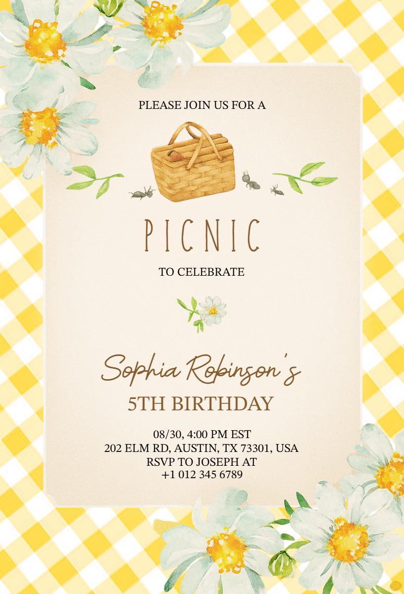 Charming Outdoor Picnic 5th Birthday Celebration Invitation Template