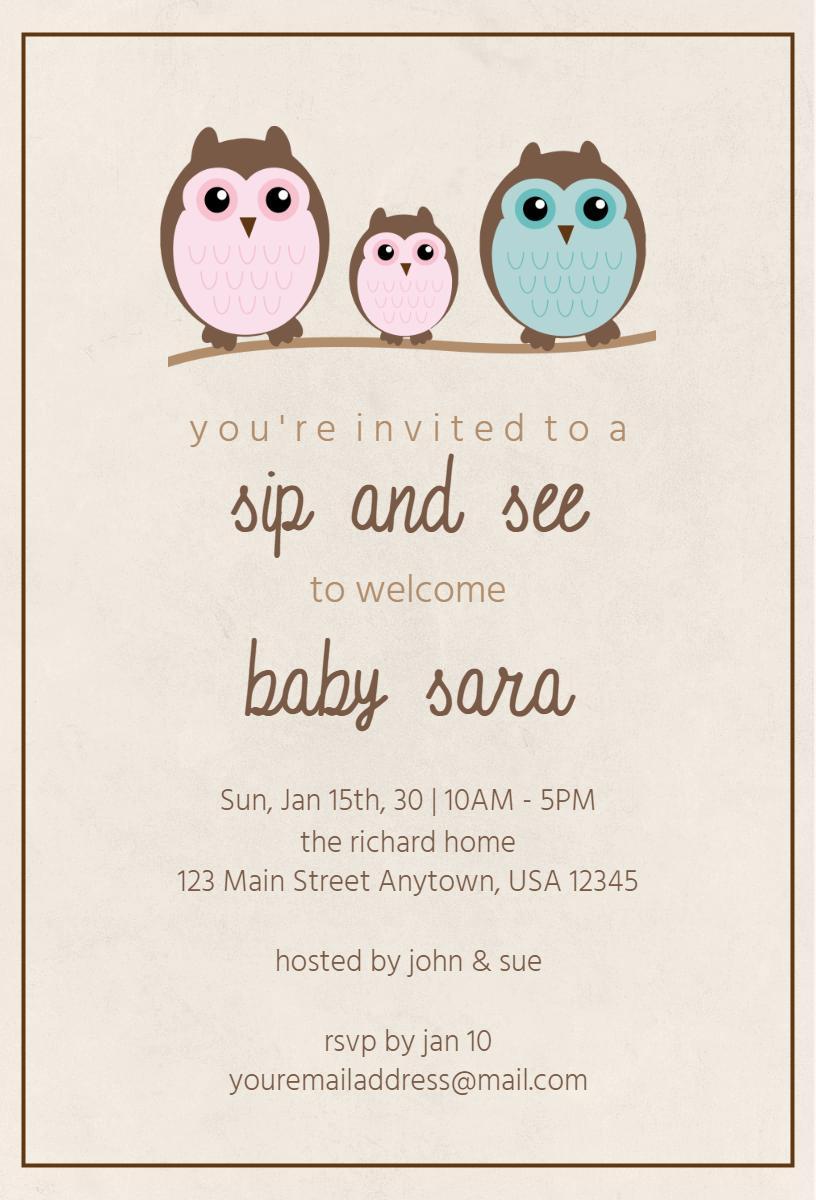 Charming Owl Theme Sip and See Baby Shower Invitation Template