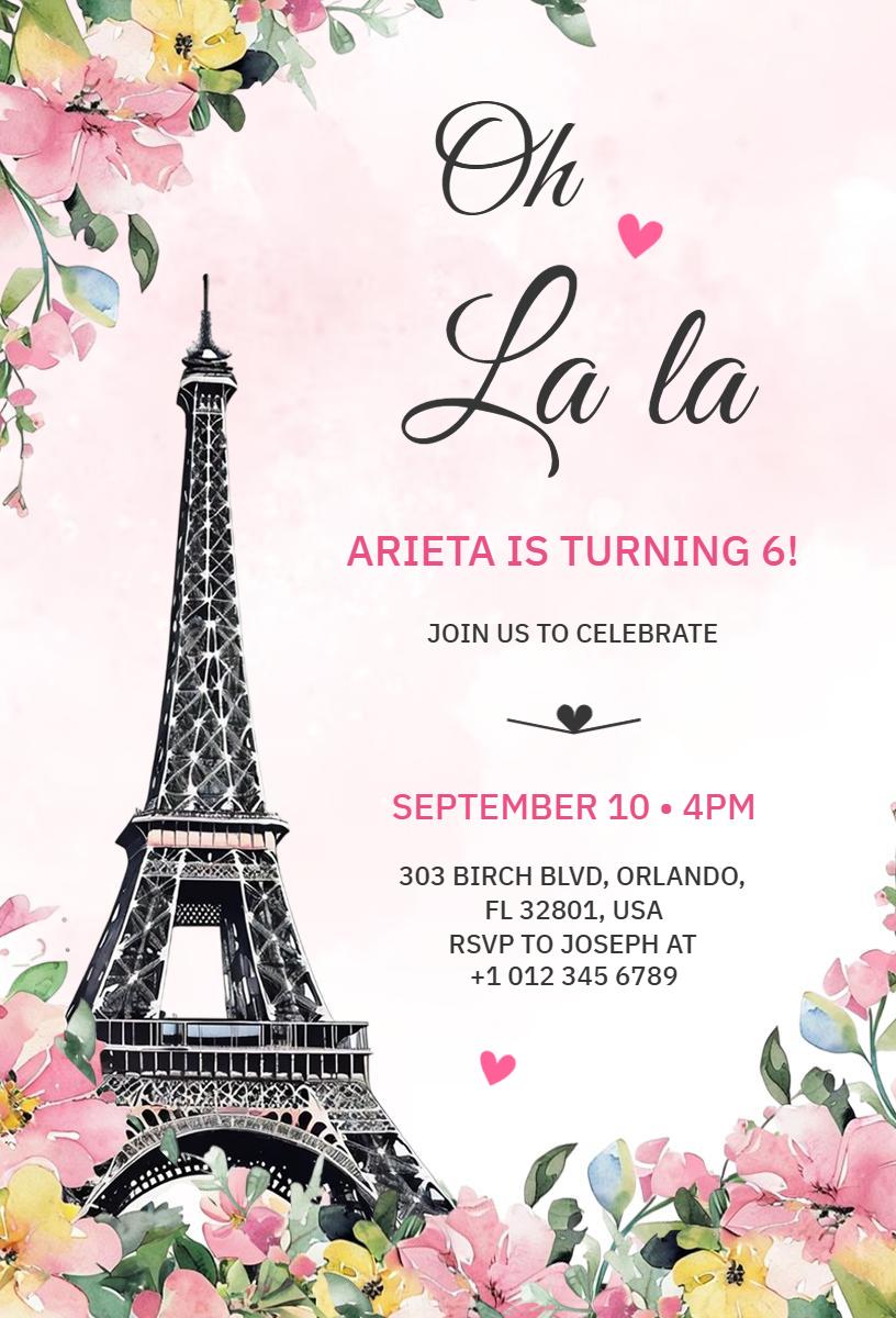 Charming Parisian Floral Theme Birthday Celebration Invitation Template