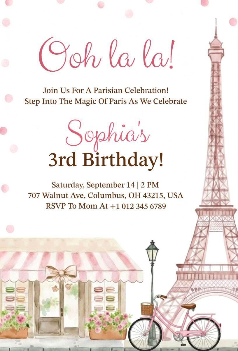 Charming Parisian Theme Fun Birthday Celebration Invitation Template