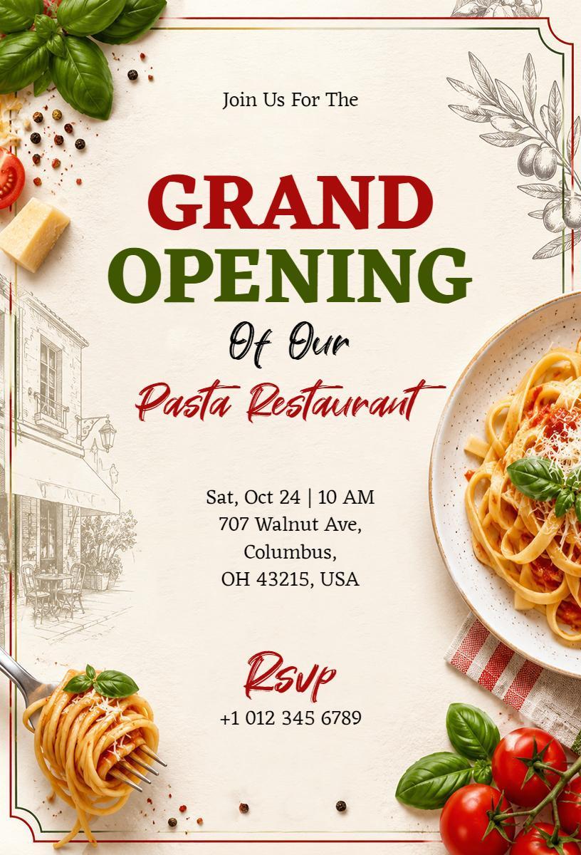 Charming Pasta Restaurant Grand Opening Invitation Template