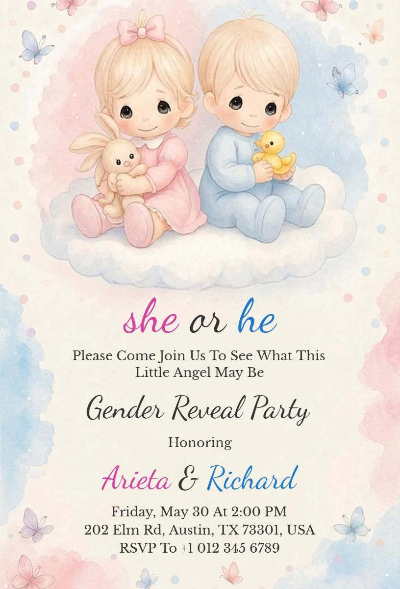 Charming Pastel Clouds Gender Reveal Celebration Invitation Template