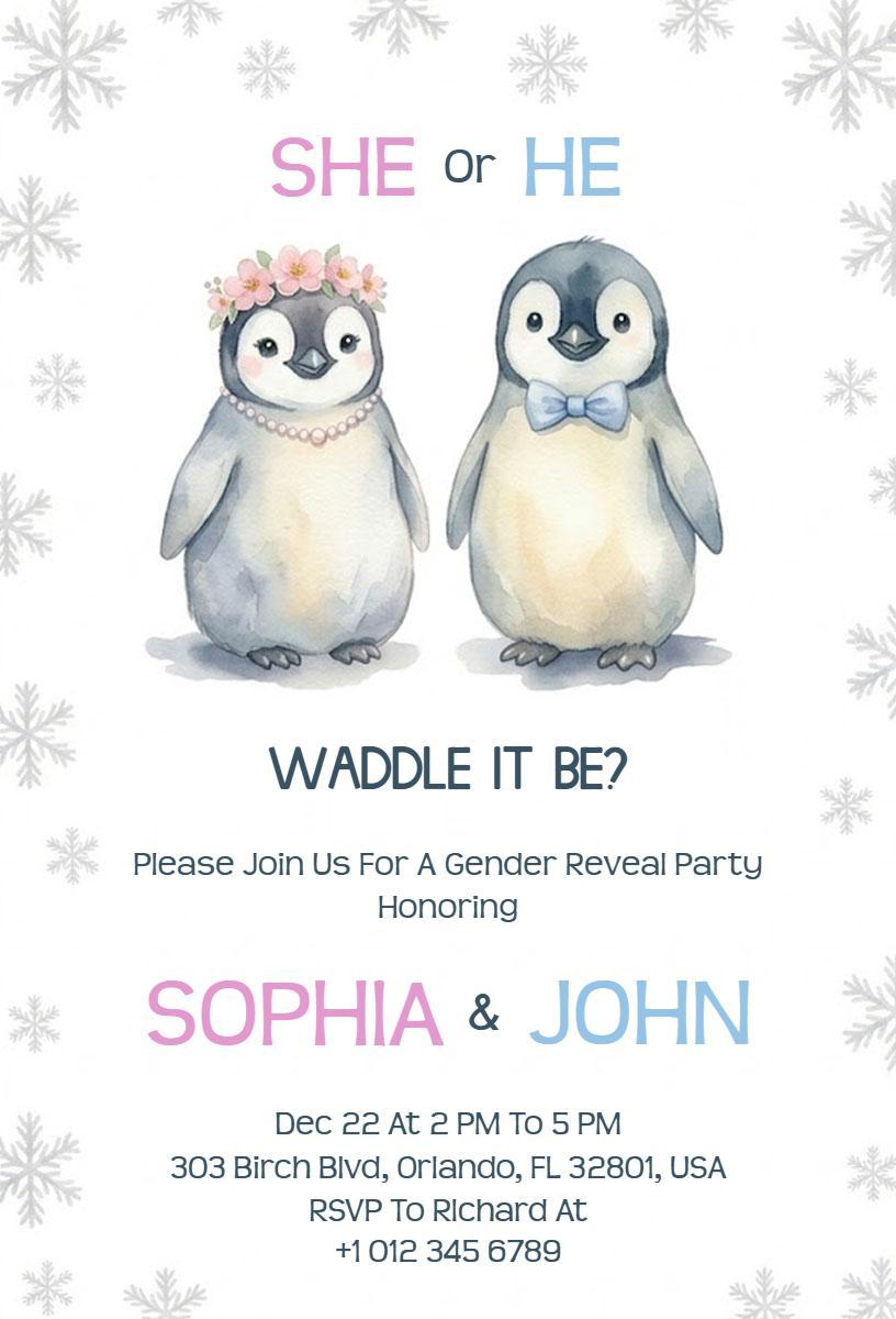 Charming Penguin Theme Gender Reveal Celebration Invitation Template