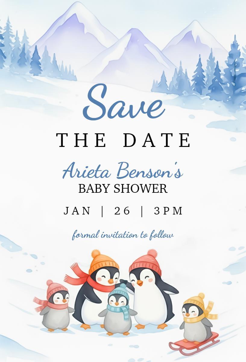 Charming Penguin Theme Winter Baby Shower Invitation Template