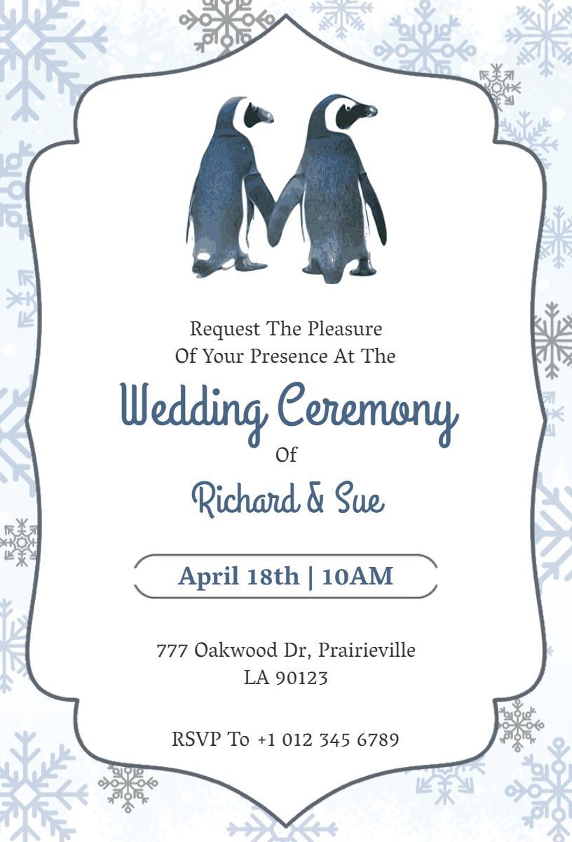 Charming Penguin Theme Winter Wedding Ceremony Invitation Template