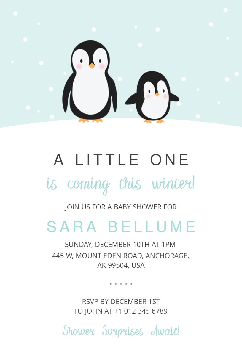 Charming Penguin Winter Baby Shower Celebration Invitation Template