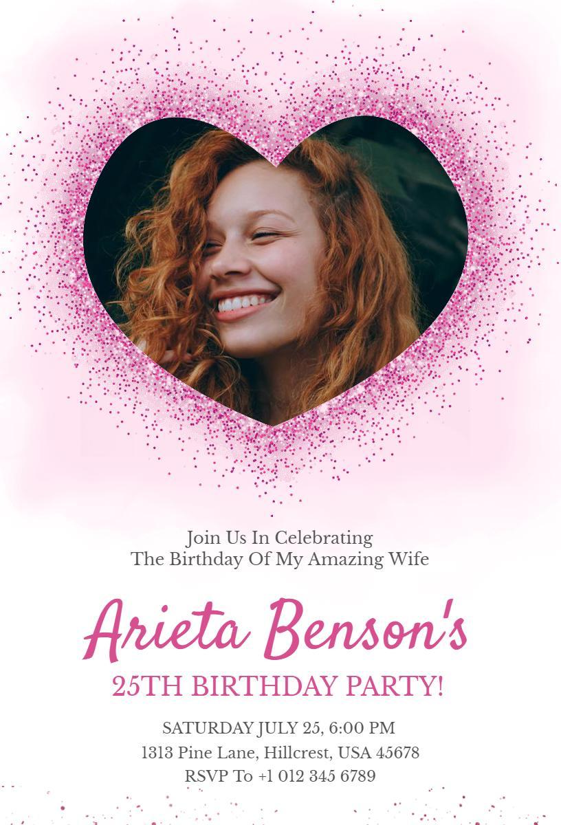Charming Photo Heart-Shaped 25th Birthday Celebration Invitation Template