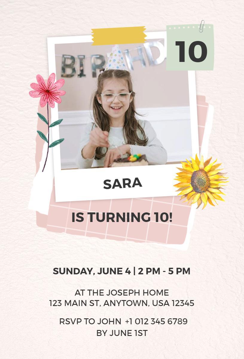 Charming Photo Theme 10th Birthday Celebration Invitation Template