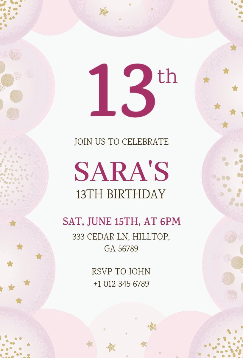 Charming Pink 13th Birthday Celebration Invitation Template