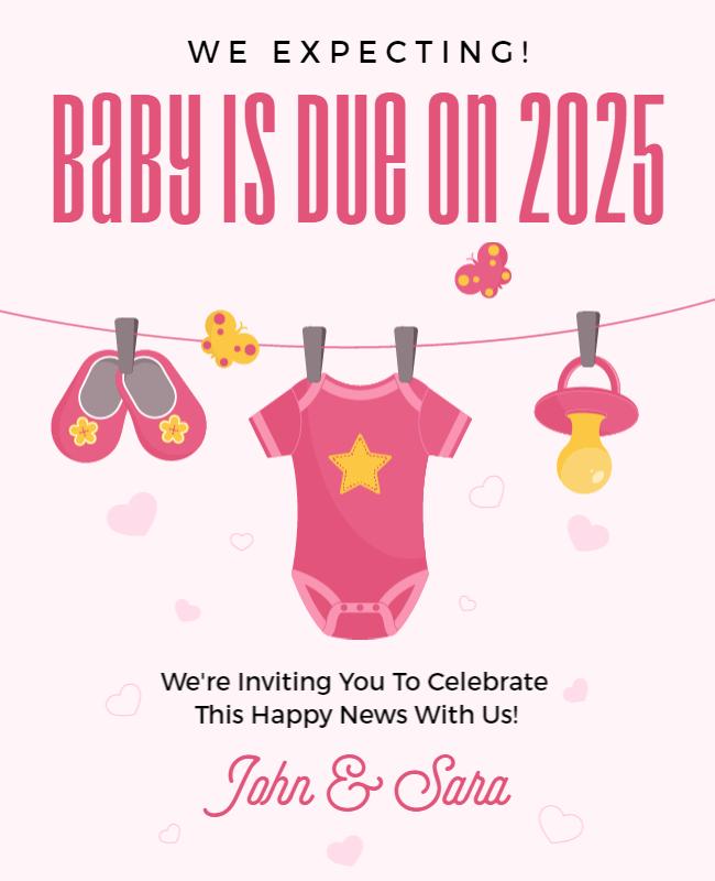 Charming Pink Baby Clothes Pregnancy Announcement Flyer Template