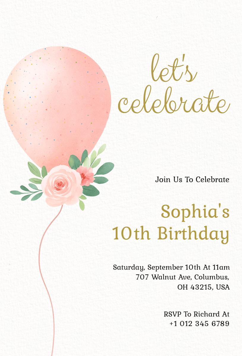Charming Pink Balloon 10th Birthday Celebration Invitation Template