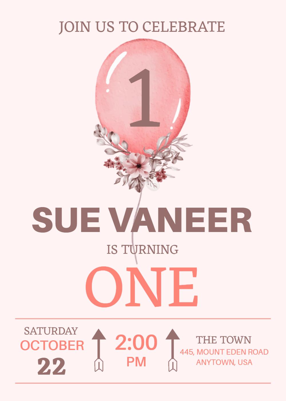 Charming Pink Balloon 1st Birthday Celebration Invitation Template