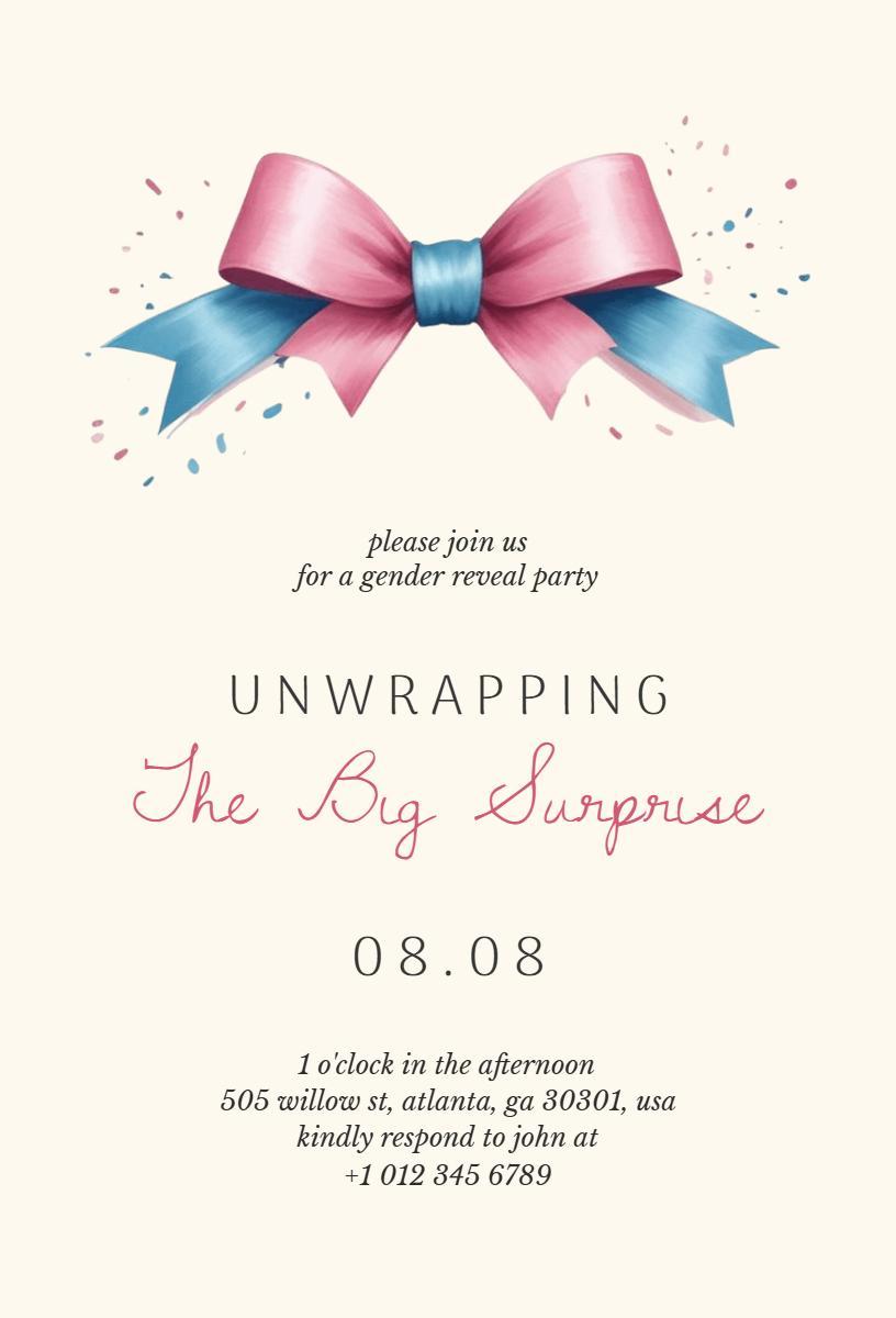 Charming Pink Blue Ribbon Gender Reveal Party Invitation Template