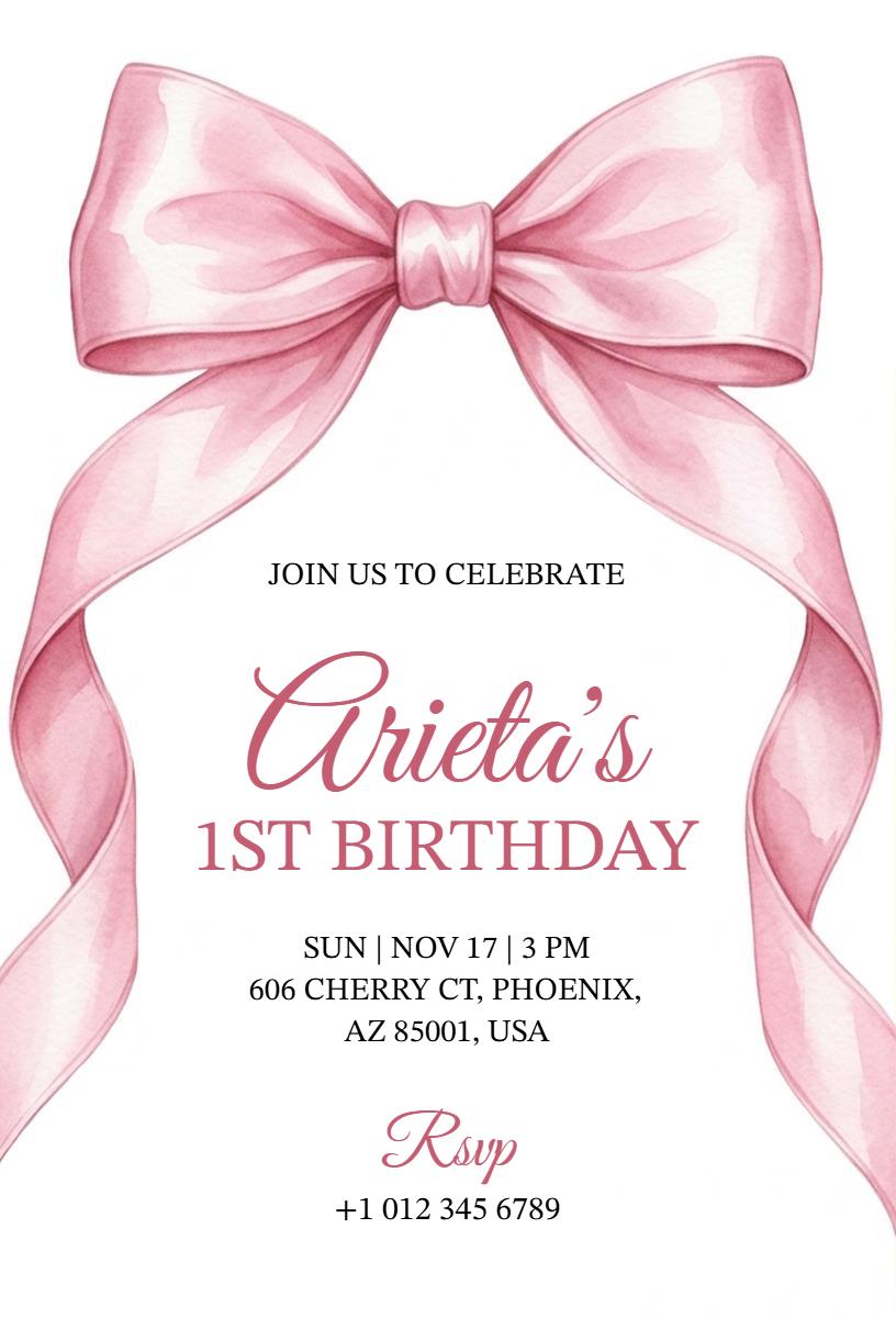 Charming Pink Bow 1st Birthday Celebration Invitation Template