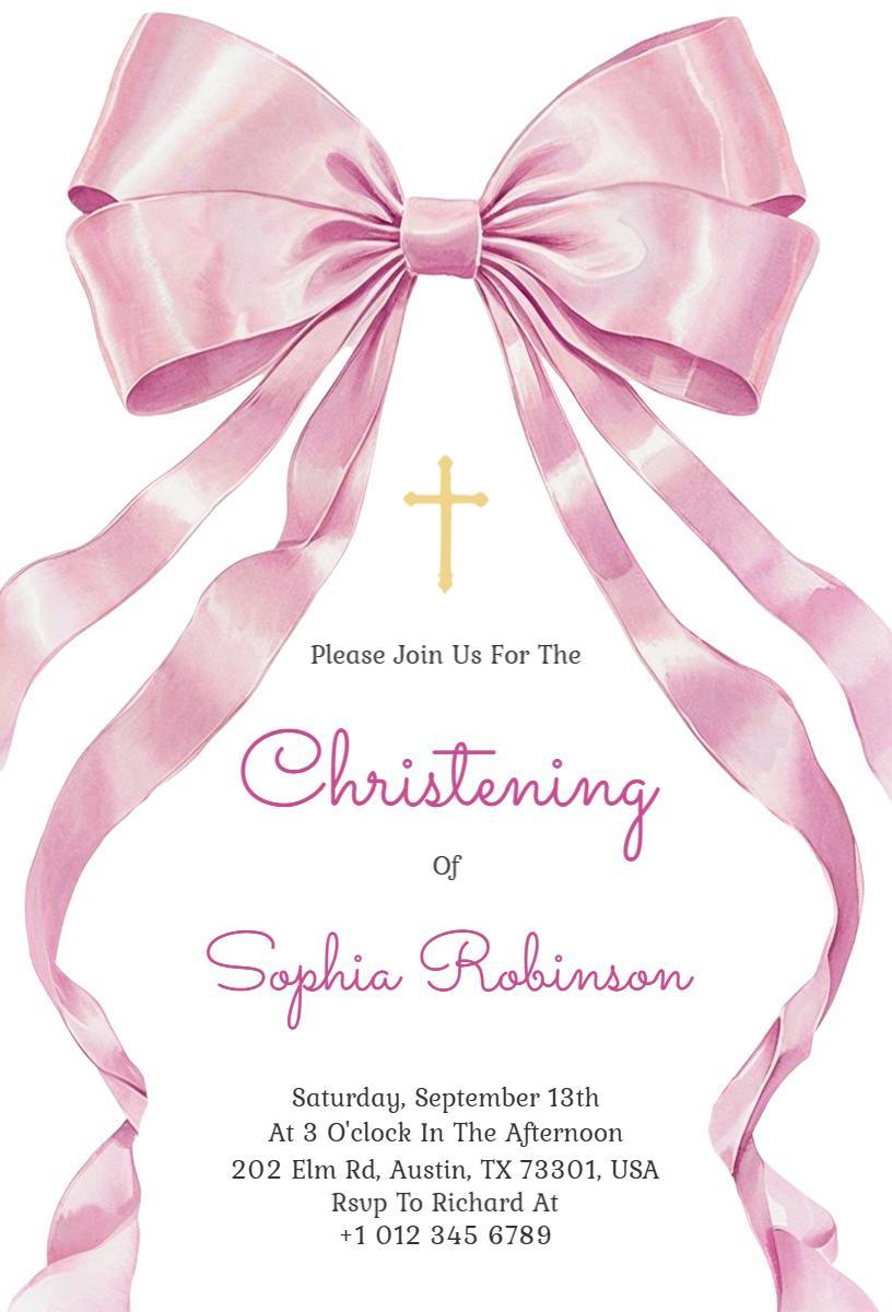 Charming Pink Bow Christening Celebration Invitation Template