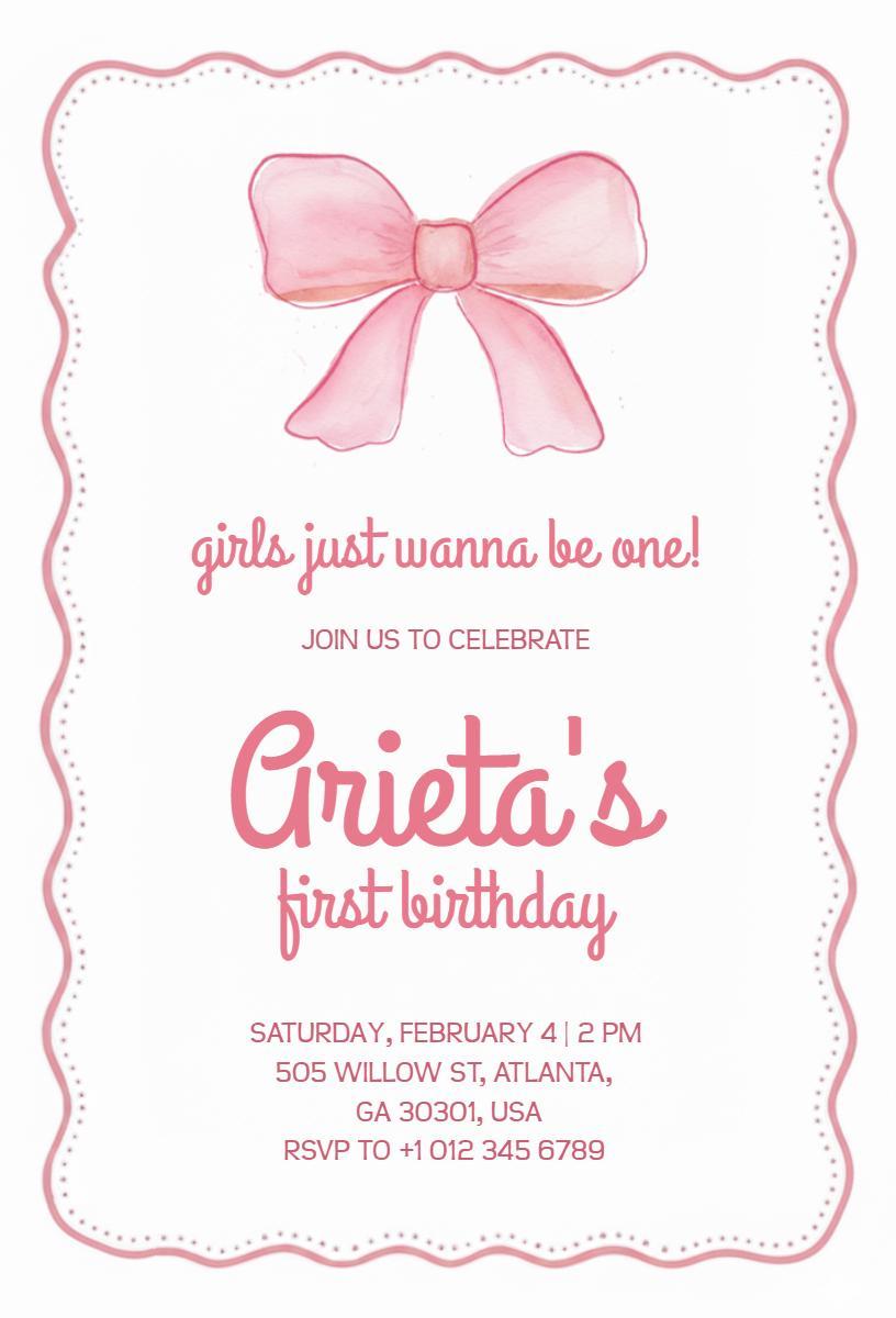 Charming Pink Bow First Birthday Celebration Invitation Template