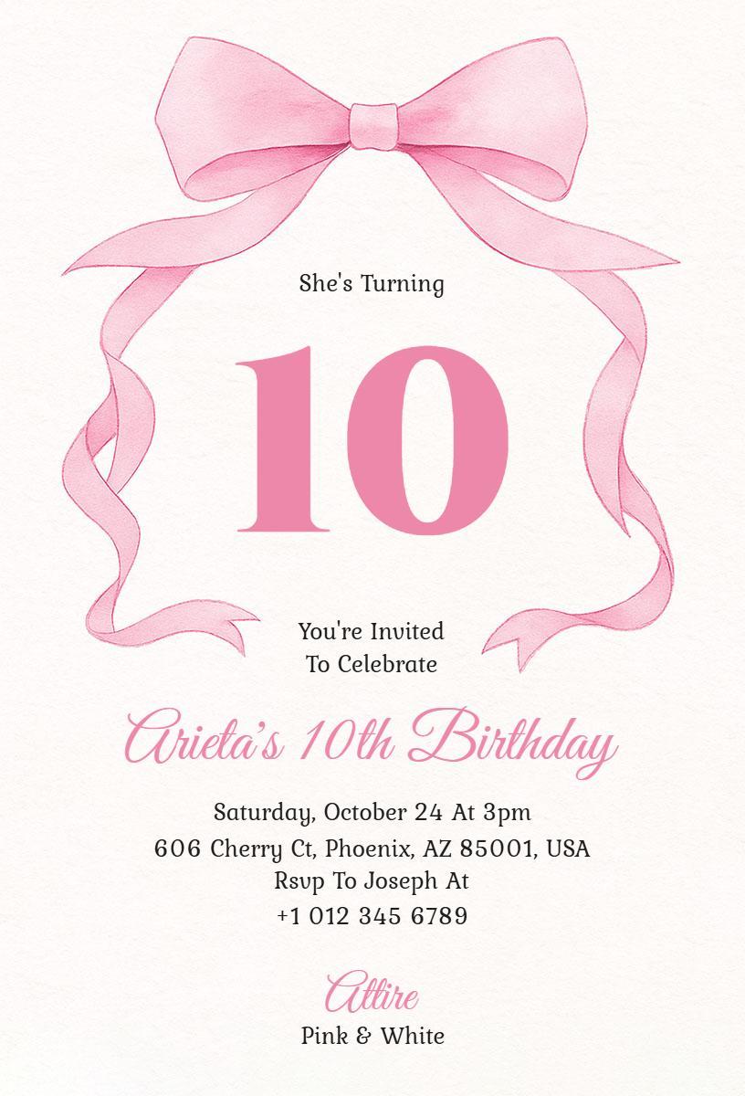 Charming Pink Bow Theme 10th Birthday Celebration Invitation Template