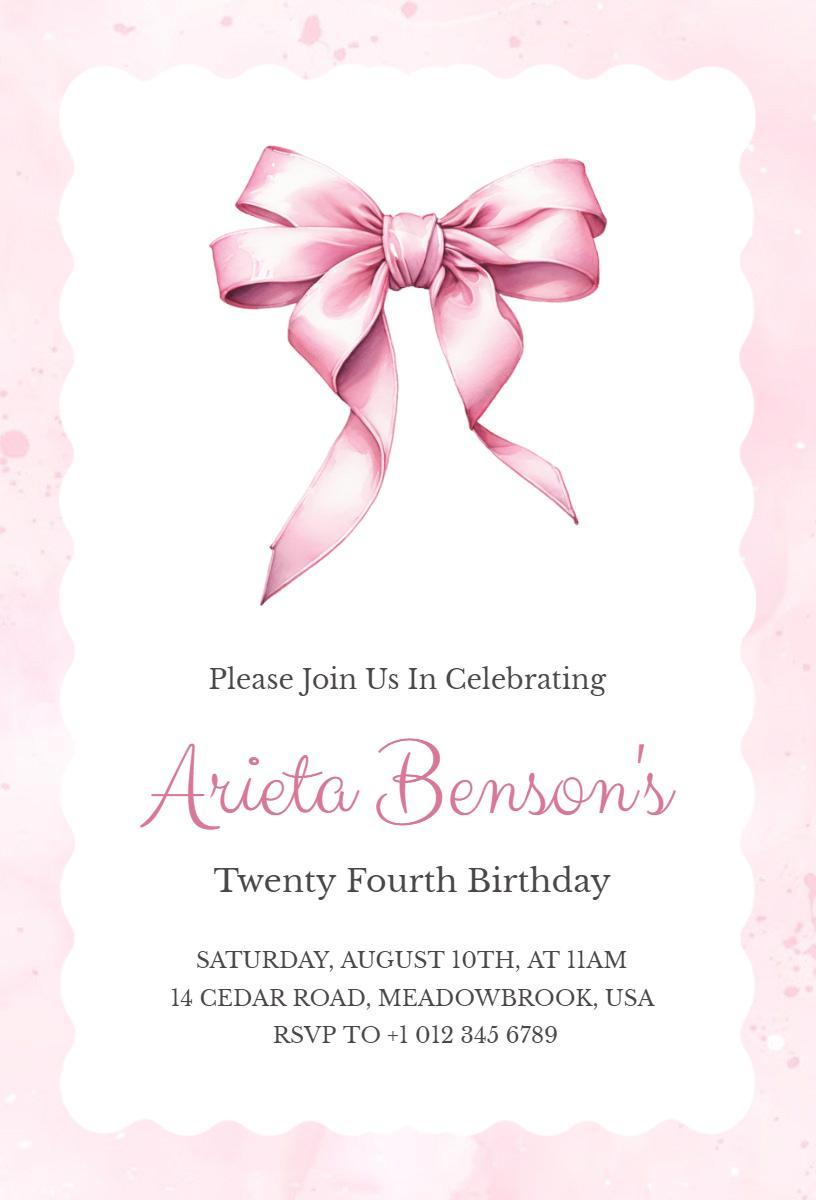 Charming Pink Bow Themed Birthday Celebration Invitation Template