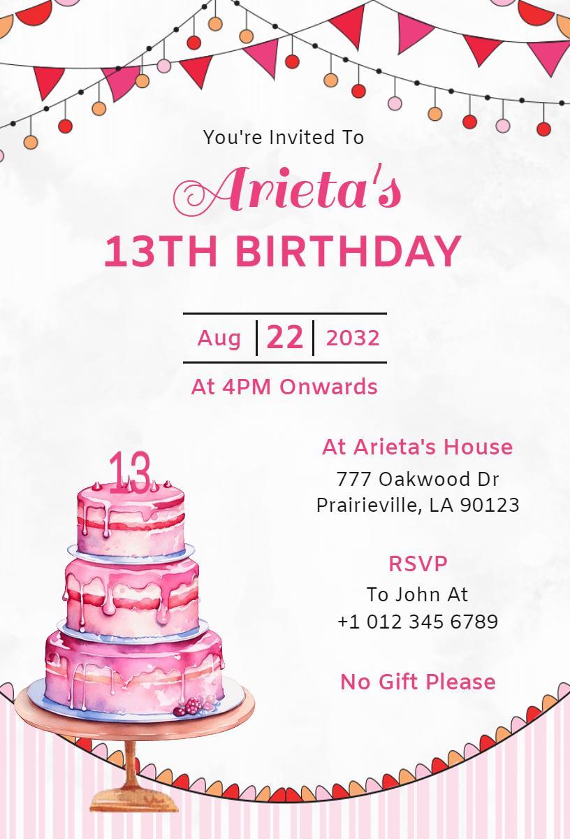 Charming Pink Cake Decor 13th Birthday Celebration Invitation Template
