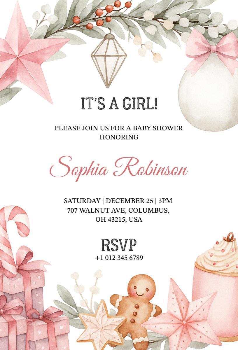 Charming Pink Christmas Baby Shower Celebration Invitation Template