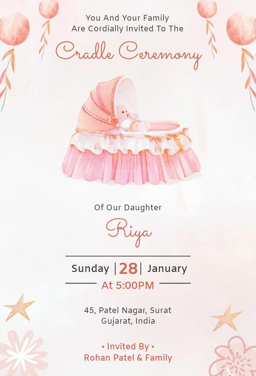 Charming Pink Cradle Naming Ceremony Invitation Template